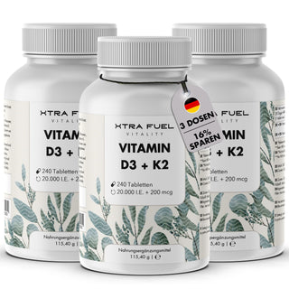 Vitamine D3 + K2 en comprimés - 20.000 U.I. + 200mcg - 100% pure & hautement dosée
