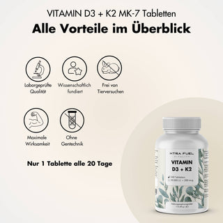 Vitamine D3 + K2 en comprimés - 20.000 U.I. + 200mcg - 100% pure & hautement dosée
