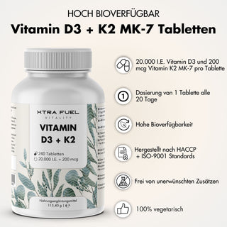 Vitamine D3 + K2 en comprimés - 20.000 U.I. + 200mcg - 100% pure & hautement dosée