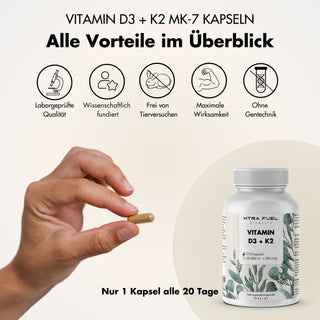 Vitamine D3 + K2-capsules - 20.000 I.U. + 200mcg - zeer zuiver & vegetarisch