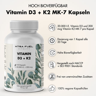 Capsules de vitamine D3 + K2 - 20 000 UI + 200 mcg - hautement pures et végétariennes