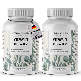 Vitamin D3 + K2 tablets - 20,000 I.U. + 200mcg - 100% pure & high-dose
